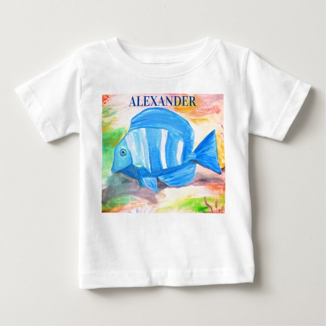 Tropical blue fish Watercolor Sea Ocean Baby T-Shirt (Front)