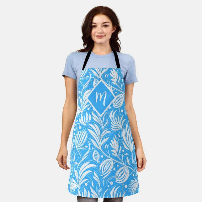 Tropical Blue Floral Pattern Diamond Monogram Apron (Worn)