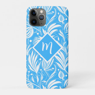 Tropical Blue Floral Pattern Diamond Monogram iPhone 11 Pro Case