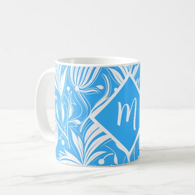 Tropical Blue Floral Pattern Diamond Monogram Coffee Mug (Front Left)