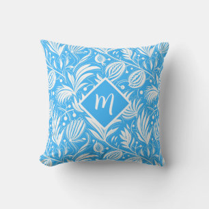 Tropical Blue Floral Pattern Diamond Monogram Cushion