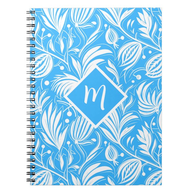 Tropical Blue Floral Pattern Diamond Monogram Notebook (Front)