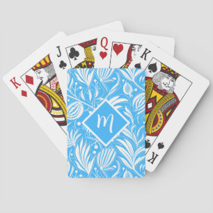 Tropical Blue Floral Pattern Diamond Monogram Playing Cards