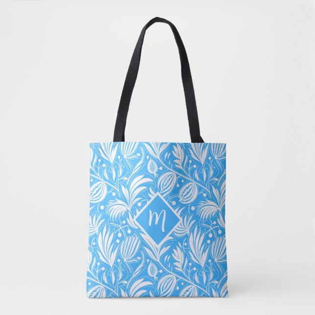 Tropical Blue Floral Pattern Diamond Monogram Tote Bag (Front)