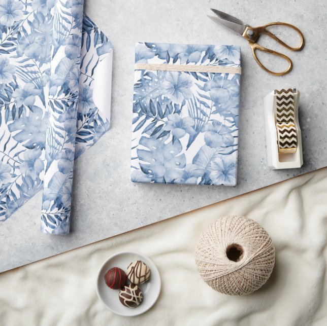 Tropical Blue Flowers Wrapping Paper (Crafts)