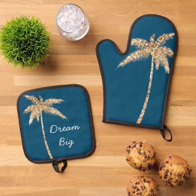 Tropical Blue Gold Glitter Palm Tree Oven Mitt & Pot Holder Set (Top Down)