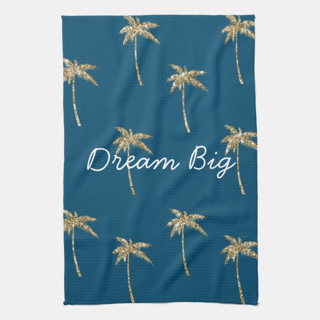 Tropical Blue Gold Glitter Palm Trees Tea Towel (Vertical)