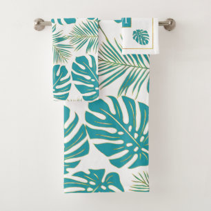 Tropical blue, gold leaves and monogram bath towel set