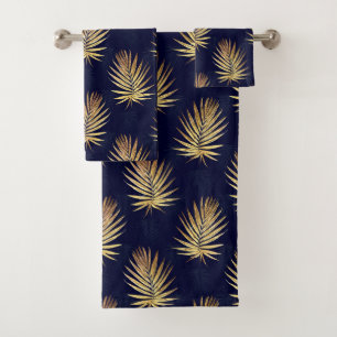Tropical Blue Gold Palm Leaves Greenery Bath Towel Set