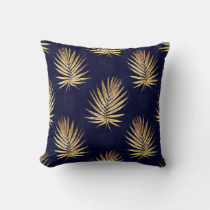 Tropical Blue Gold Palm Leaves Greenery Cushion