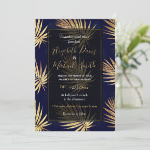 Tropical Blue Gold Palm Leaves Greenery Invitation
