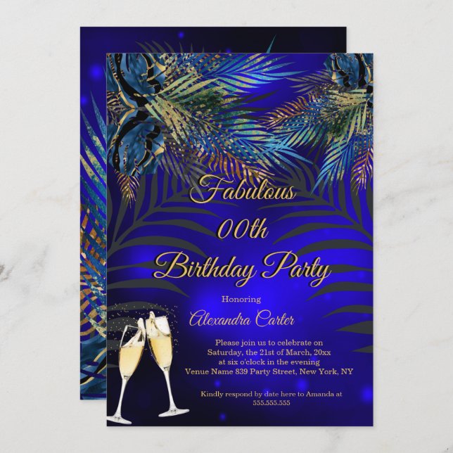 Tropical Blue Gold Palms Champagne Birthday Party  Invitation (Front/Back)