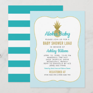 Tropical Blue Gold Pineapple Baby Boy Shower Luau Invitation