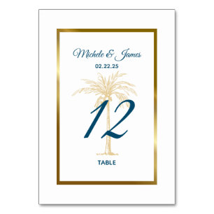 Tropical Blue Golden Palm Tree Beach Wedding Table Number