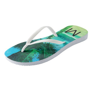 Tropical Blue/Green Beach & Palm Tree Initial Thongs