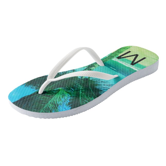 Tropical Blue/Green Beach & Palm Tree Initial Thongs (Angled)