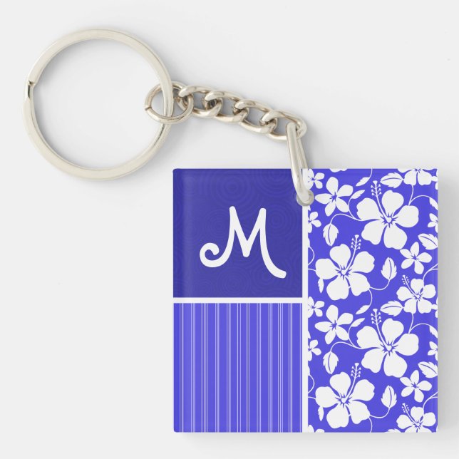 Tropical Blue Hibiscus Flower; Floral Key Ring (Front)