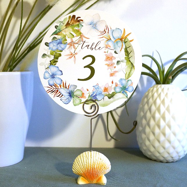 Tropical Blue Hibiscus Flowers Wreath Table Number (tropical blue table number round floral hibiscus flowers blue green coastal hawaiian flowers floral )