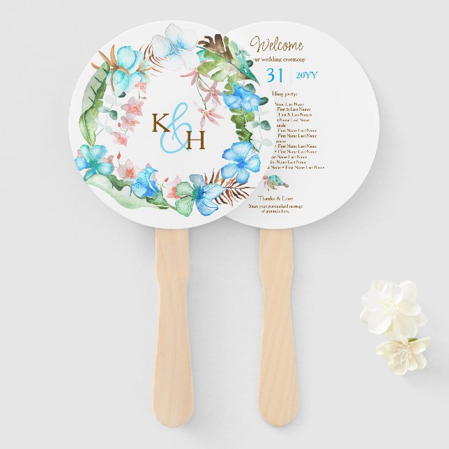 Tropical Blue Hibiscus Wreath Wedding  Hand Fan (Front and Back)