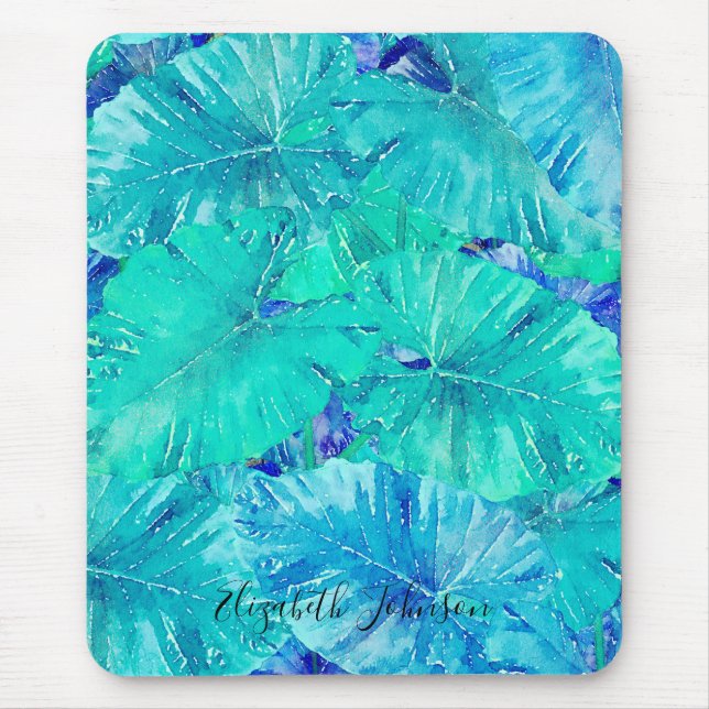Tropical Blue Leaf Pattern Mouse Pad (Front)