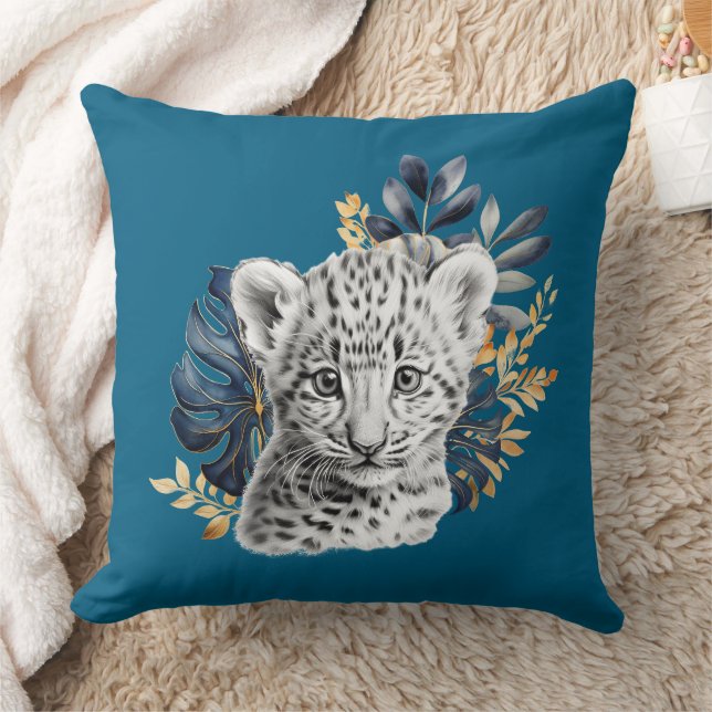 Tropical Blue Leaves Leopard Giraffe Cushion (Blanket)