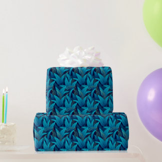 Tropical Blue Leaves With Golden Outlines Pattern Wrapping Paper