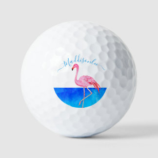 Tropical Blue Monogram Name Pink Flamingo Golf Golf Balls