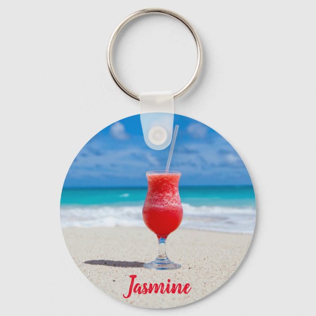 Tropical Blue Ocean Beach Bliss Custom Name Key Ring (Front)