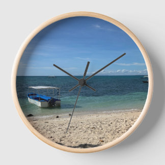 Tropical Blue Ocean Beach & Boat:Summer Wall Clock