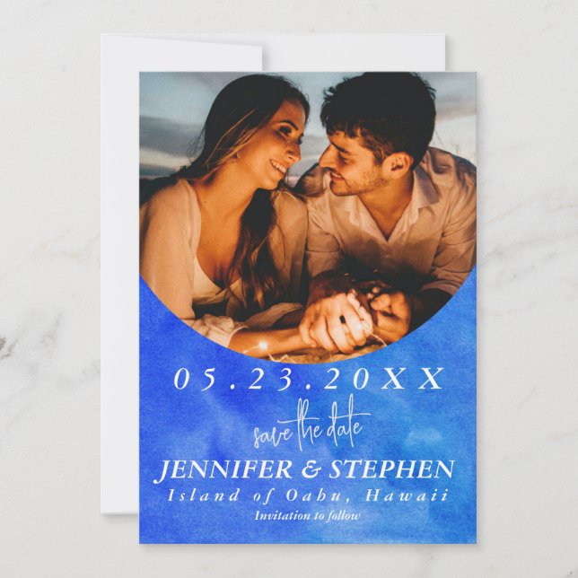 Tropical Blue Ocean Beach Chic Destination Wedding Save The Date (Front)