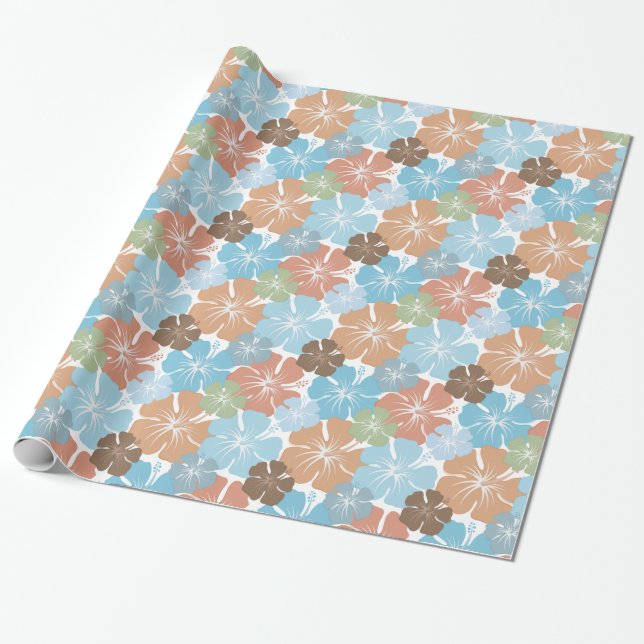 Tropical Blue Orange Peach Green Hibiscus Flowers Wrapping Paper (Unrolled)