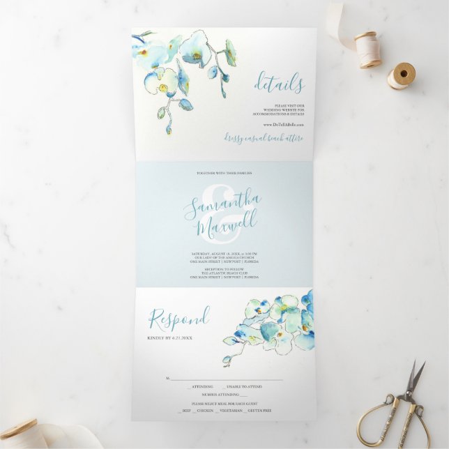Tropical Blue Orchid Trifold Wedding Invitation (Inside)