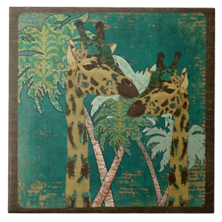 Tropical Blue Paisley Giraffes Retro  Tile