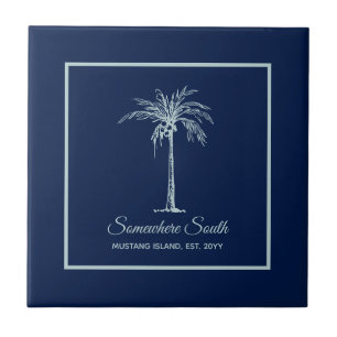 Tropical Blue Pale Teal Palm Tree Personalised Ceramic Tile