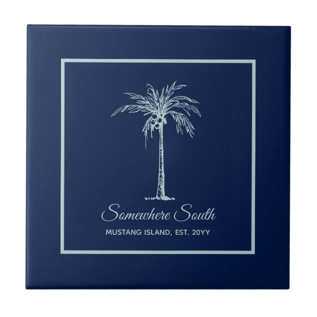Tropical Blue Pale Teal Palm Tree Personalised Ceramic Tile (Front)