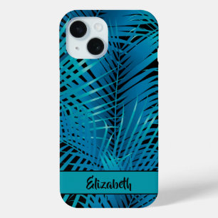 Tropical Blue Palm Fronds on Black Personalised iPhone 15 Case