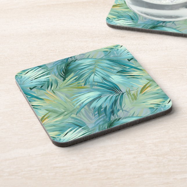Tropical Blue Palm Leaf Watercolour Patterned Coaster (Left Side)