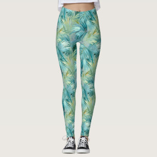 Tropical Blue Palm Leaf Watercolour Patterned Leggings