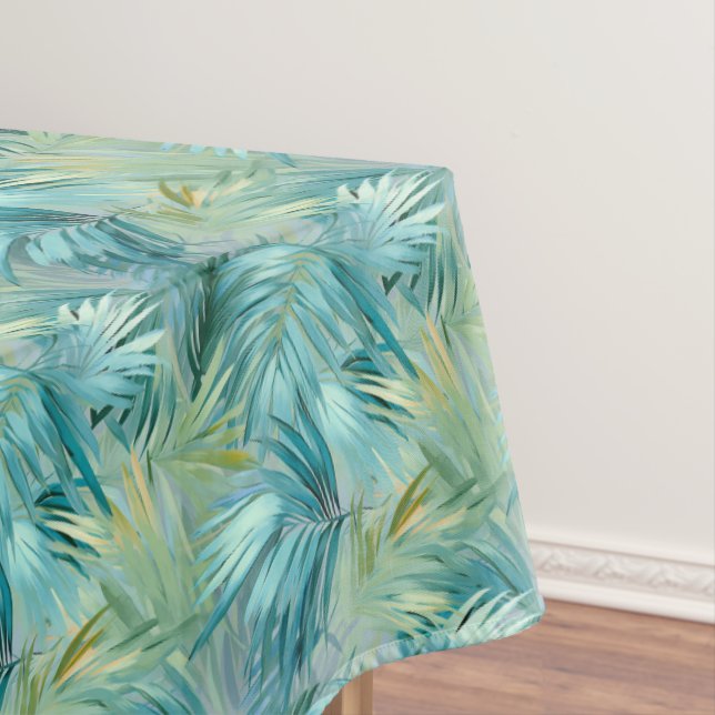 Tropical Blue Palm Leaf Watercolour Patterned Tablecloth (In Situ)