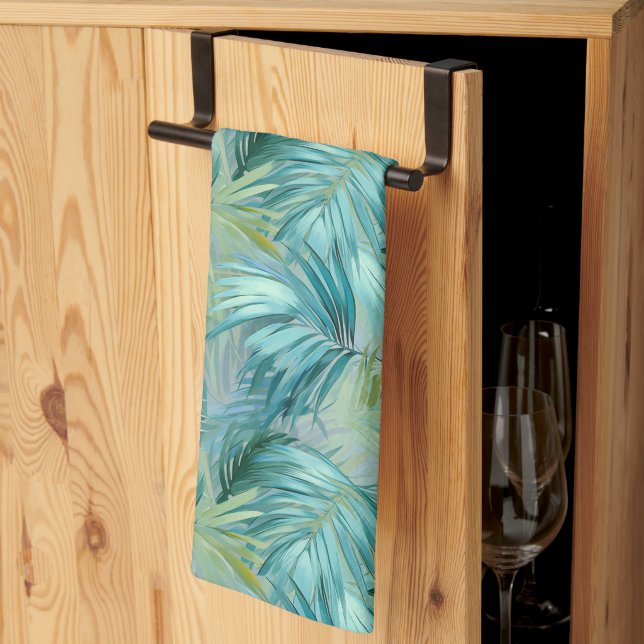 Tropical Blue Palm Leaf Watercolour Patterned Tea Towel (Thirds Fold)