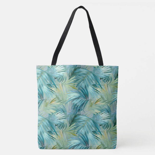Tropical Blue Palm Leaf Watercolour Patterned Tote Bag (Front)