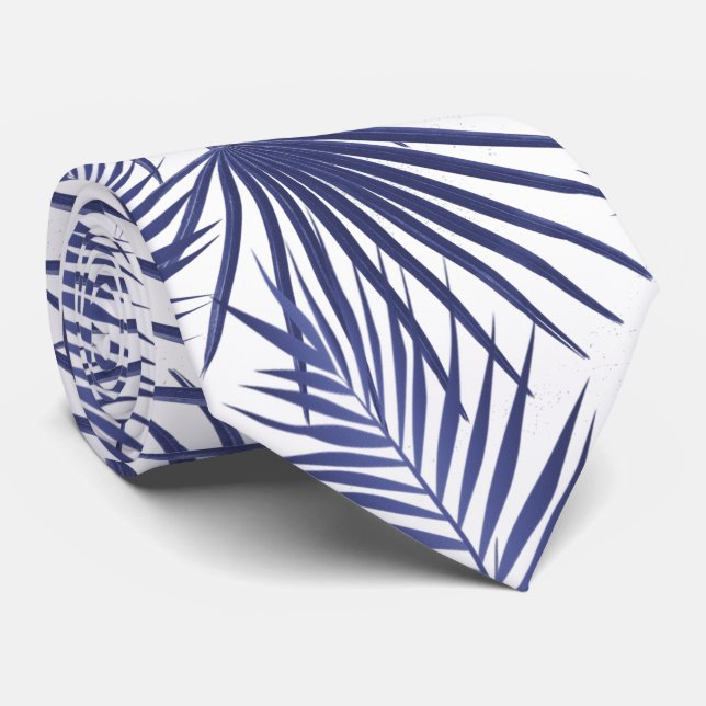Tropical Blue Palm Leaves Blue and White Tie (Rolled)