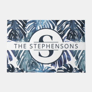 Tropical Blue Palm Leaves Chic Monogram Doormat