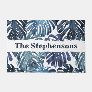 Tropical Blue Palm Leaves Family Name Doormat