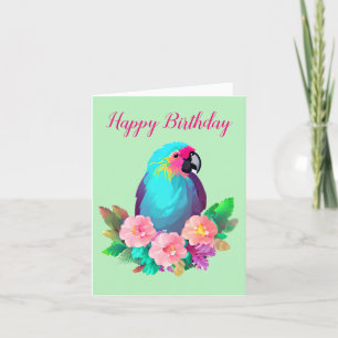 Tropical Blue Parrot with Tropical Flowers Holiday Card