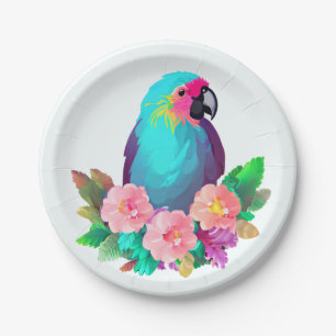 Tropical Blue Parrot with Tropical Flowers Paper Plate