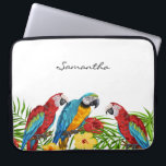 Tropical blue parrots leaves summer name laptop sleeve<br><div class="desc">Tropical birds,  parrots in blue,  yellow and red sitting on green palm leaves.  Decorated with tropical flowers. Elegant white as background. Template for a name,  black hand lettered style script.</div>