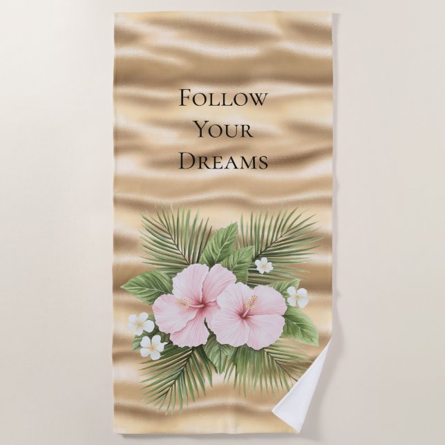 Tropical Blue Pink Hibiscus Floral   Beach Towel (Front)