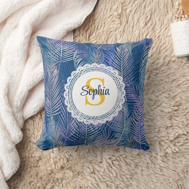 Tropical Blue & Purple Palm Leaf Monogram Name Cushion (Blanket)