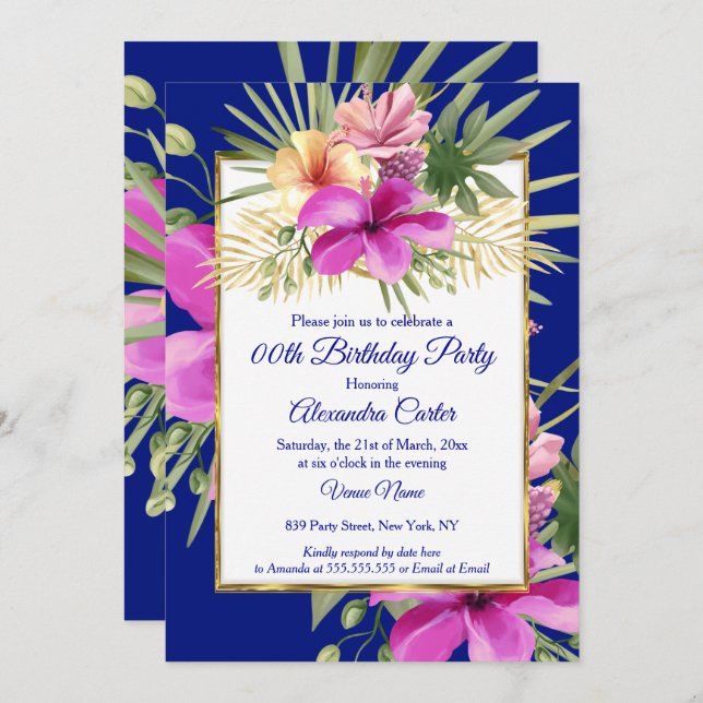Tropical Blue Purple Pink Hibiscus Floral Party Invitation (Front/Back)